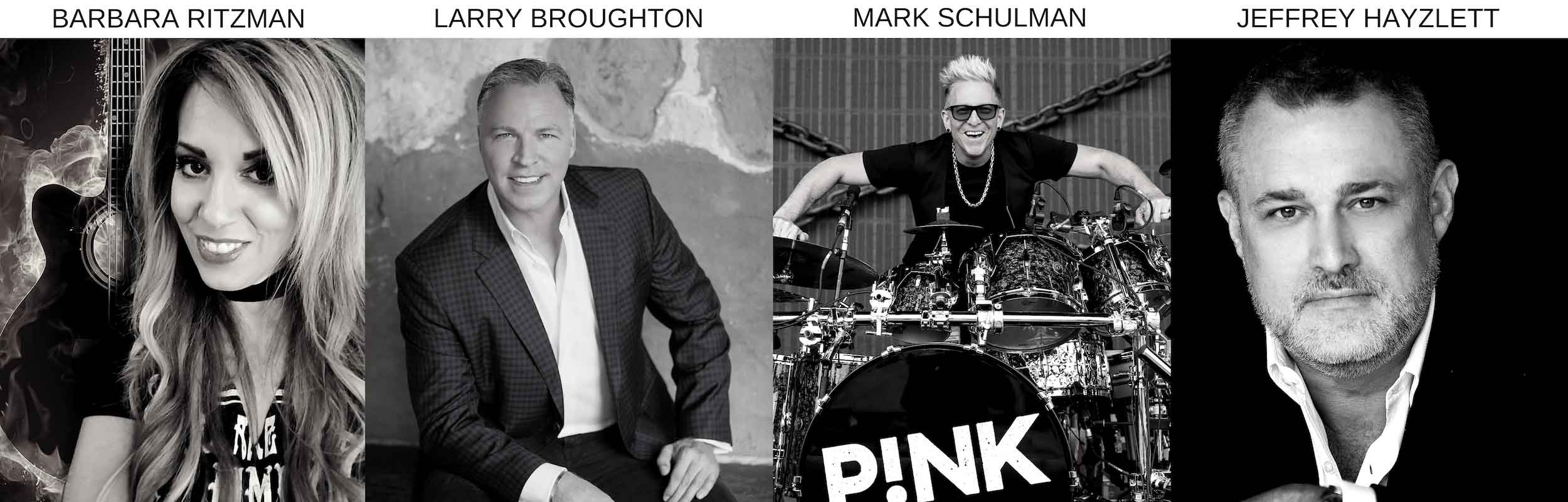 Barbie Ritzman top beauty blogger featured with, with Drummer of P!NK, Mark Schulman, Larry Broughton and Jeffrey Hayzlett